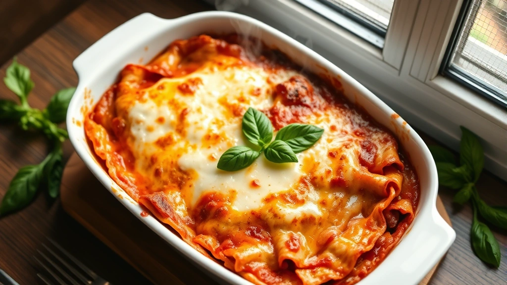 hero: golden-brown baked Italian lasagna in white ceramic dish, melted cheese on top, steam rising, fresh basil garnish, warm natural window light, overhead angle, photorealistic, no text