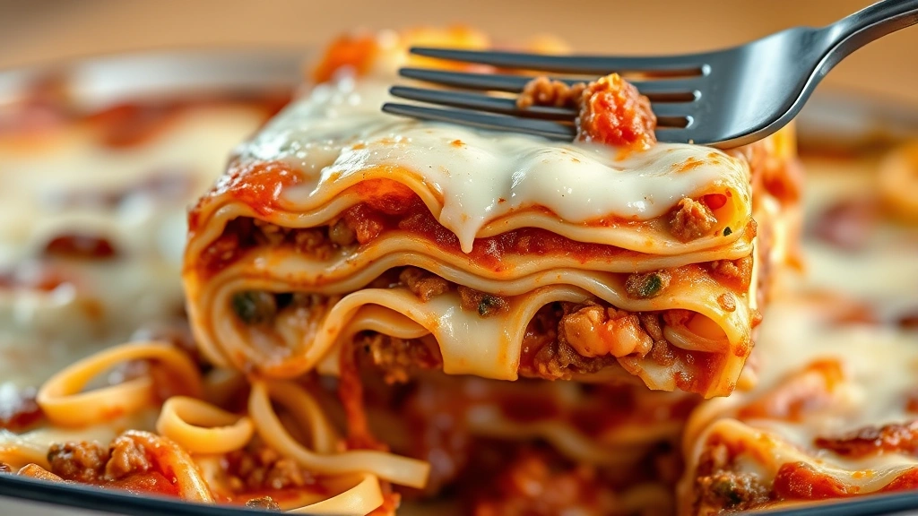detail: close-up cross-section of baked lasagna showing distinct layers of pasta, meat sauce, creamy béchamel, and melted cheese, fork lifting slice, natural warm light, photorealistic, no text