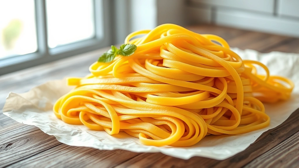 hero: beautiful golden lasagna noodles layered on parchment paper, fresh and tender, natural window light, rustic wooden table background, no text