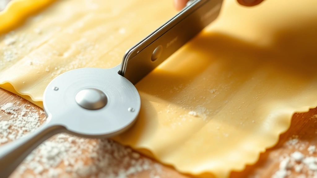 detail: close-up of thin rolled lasagna sheet being cut with a pastry wheel, translucent pasta showing light through it, sharp focus, natural light, no text