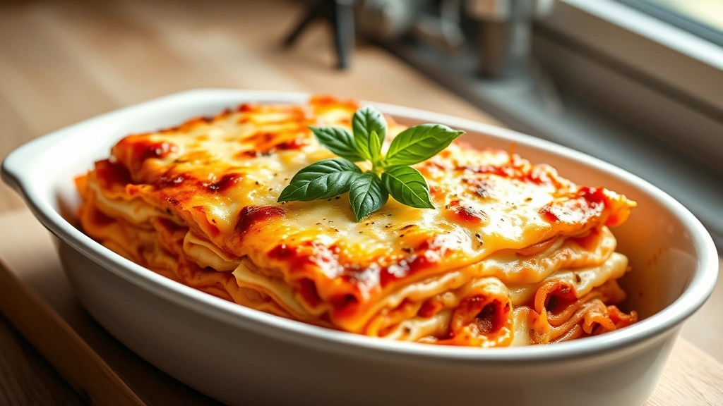hero: baked cottage cheese lasagna in white ceramic dish, golden brown cheese on top, fresh basil garnish, steam rising, warm natural window light, shallow depth of field, inviting and appetizing