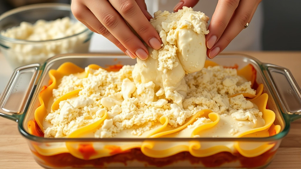 process: hands layering cottage cheese mixture onto lasagna noodles in baking dish, creamy filling visible, warm kitchen lighting, action shot showing assembly technique
