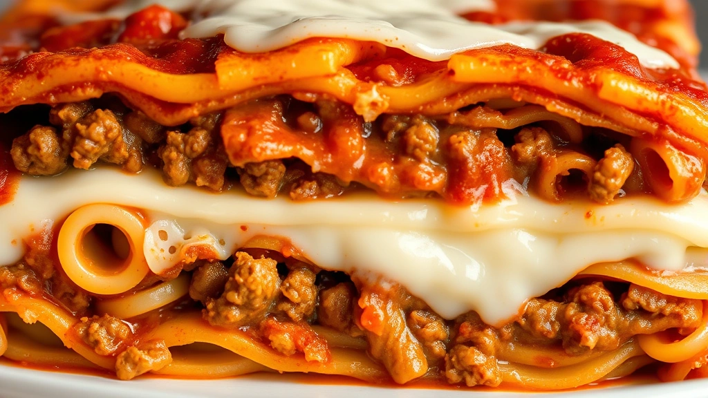 detail: close-up cross-section of baked lasagna showing layers of pasta, meat sauce, creamy cottage cheese filling, and melted mozzarella, natural lighting highlighting textures and colors
