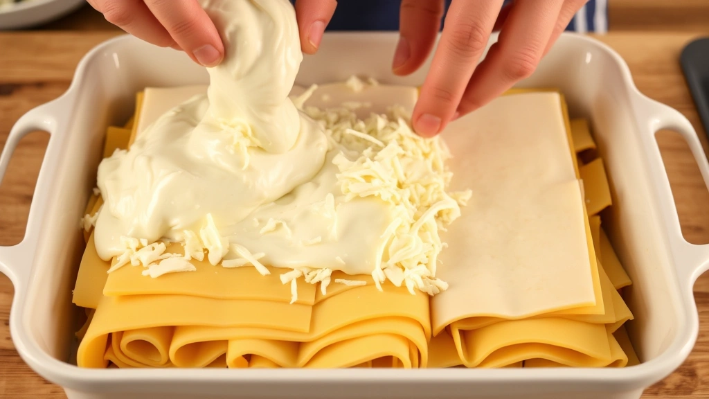 process: hands layering ricotta cheese mixture onto lasagna noodles in baking dish, showing creamy texture, warm kitchen lighting, in-progress preparation, no text