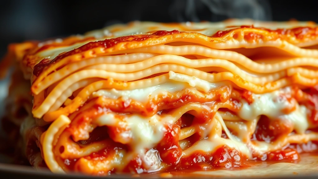 detail: close-up cross-section of baked lasagna showing distinct layers of noodles, creamy ricotta filling, red sauce, and melted cheese, steam rising, macro photography style, no text
