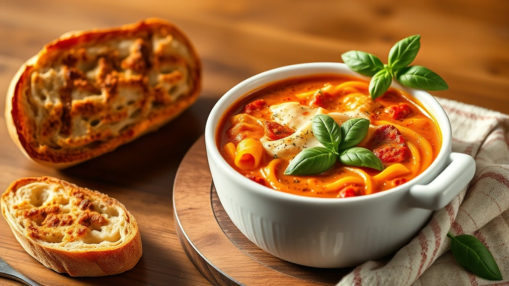 hero: creamy lasagna soup in white ceramic bowl, crusty bread on side, fresh basil garnish, warm lighting, wooden table, photorealistic, natural light, no text