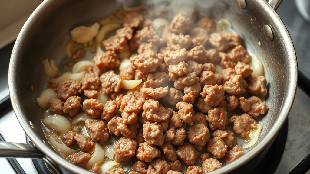 process: browning ground beef in skillet, onions and garlic visible, steam rising, photorealistic, natural light, no text