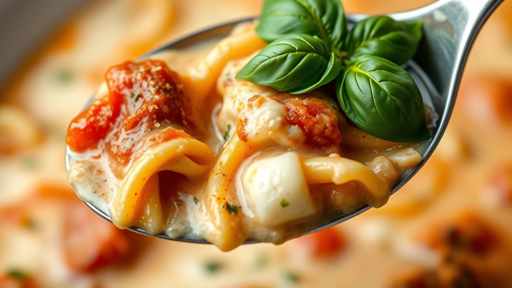 detail: close-up spoonful of lasagna soup showing pasta pieces, cheese, and creamy broth, fresh basil leaf on top, photorealistic, natural light, no text