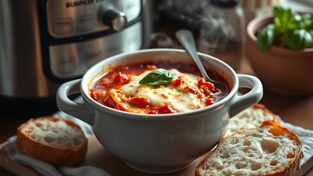 hero: steaming bowl of slow cooker lasagna soup with melted mozzarella, fresh basil garnish, crusty bread beside it, warm kitchen lighting, cozy ambiance, photorealistic, natural light, no text