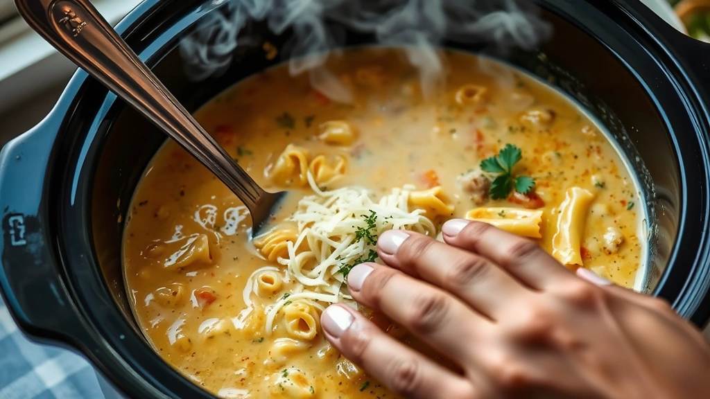 process: hands stirring creamy soup in slow cooker with visible cheese and pasta noodles, steam rising, Italian herbs visible, photorealistic, natural light, no text