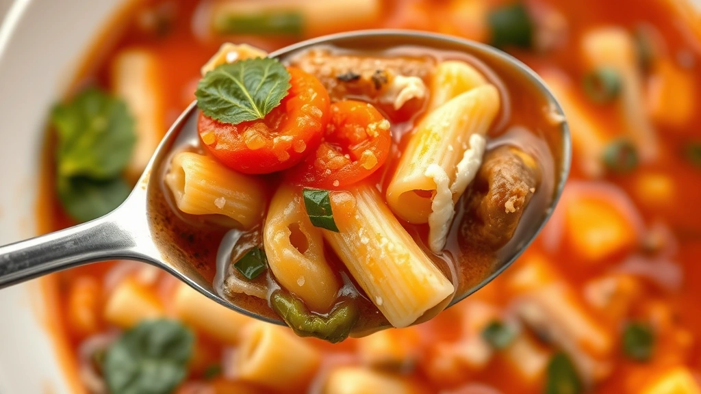 detail: close-up spoonful of soup showing tender pasta, vegetables, melted cheese, and rich tomato broth, overhead angle, photorealistic, natural light, no text