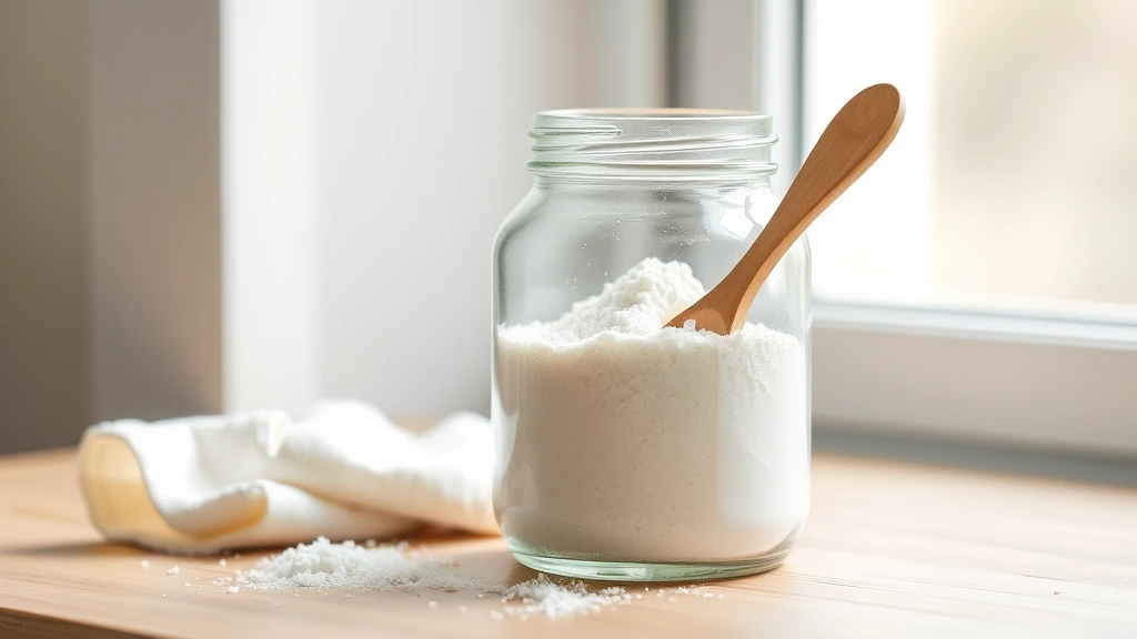 hero: homemade laundry detergent powder in clear glass jar with wooden spoon, natural window light, minimalist aesthetic, no text