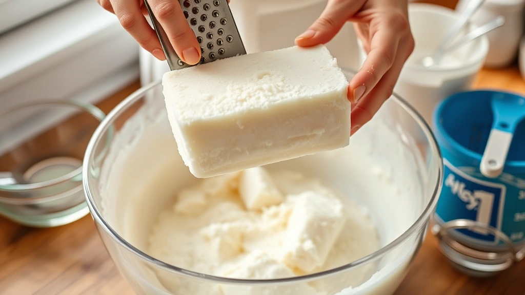 process: grating white soap bar over large mixing bowl with measuring cups nearby, natural kitchen light, hands visible, no text