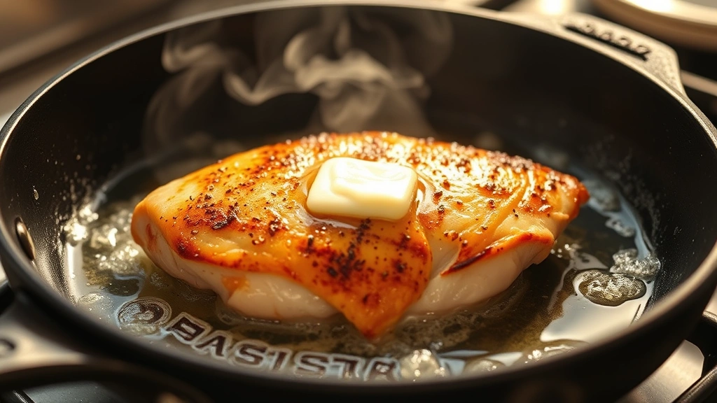 process: golden-brown chicken breast being seared in a cast iron skillet with butter foaming, steam rising, warm kitchen lighting, no text