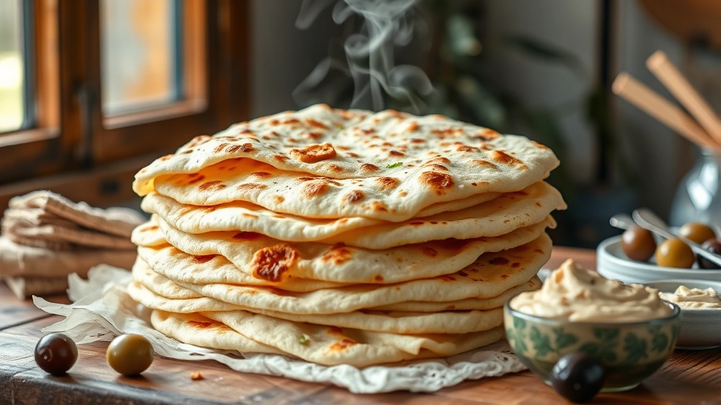 hero: stack of warm lavash bread with golden-brown spots, steam rising, rustic wooden table, Mediterranean ingredients nearby like olives and hummus, photorealistic, natural window light, no text