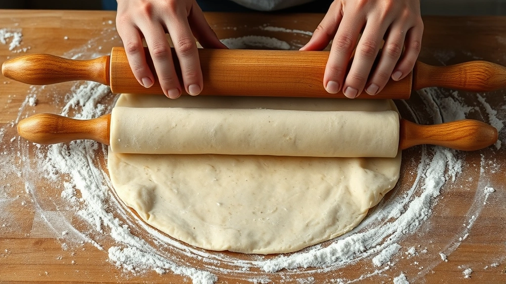 process: hands rolling thin lavash dough with wooden rolling pin on floured surface, dough nearly translucent, photorealistic, warm natural light, no text