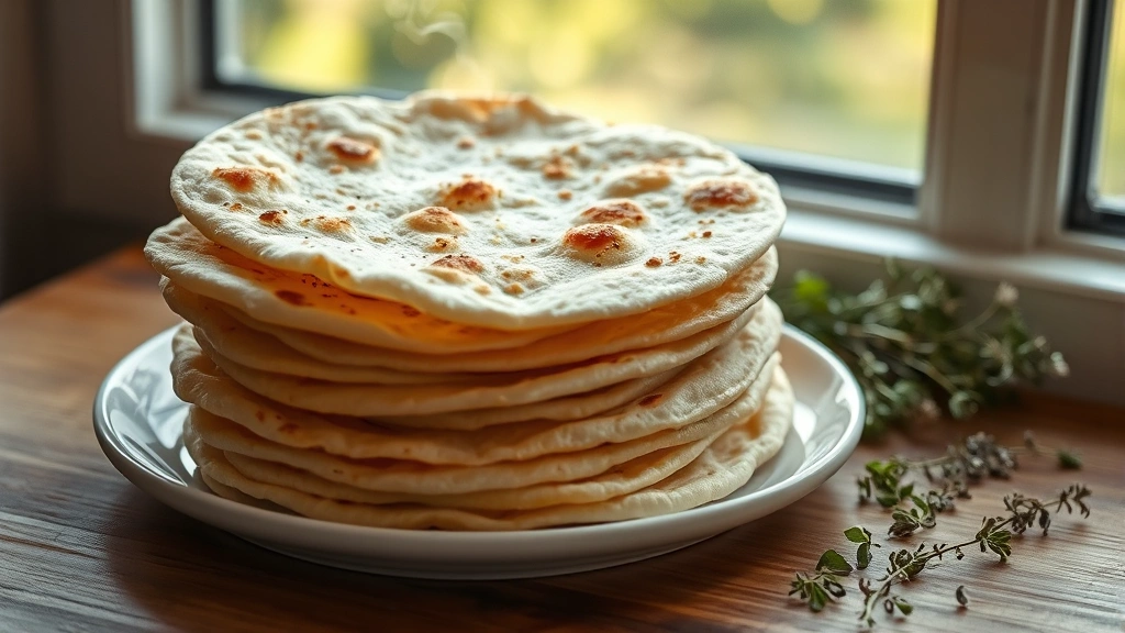 hero: stack of warm lavash bread on white plate, steam rising, golden-brown spots visible, Mediterranean herbs scattered nearby, natural window light, shallow depth of field, inviting and appetizing