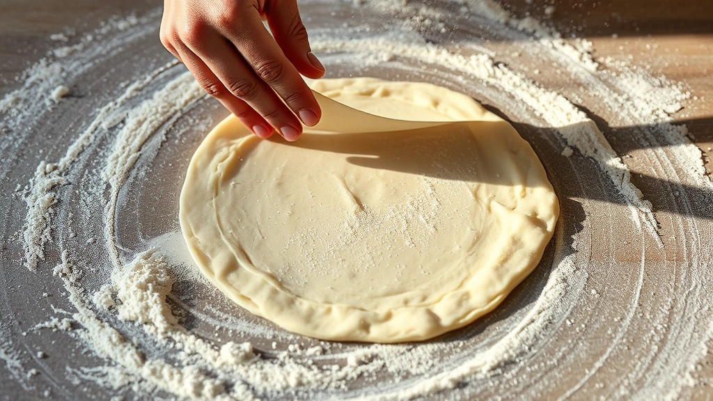 process: hand stretching thin lavash dough over floured surface, translucent dough, flour dust in air, natural daylight from side, action shot showing technique