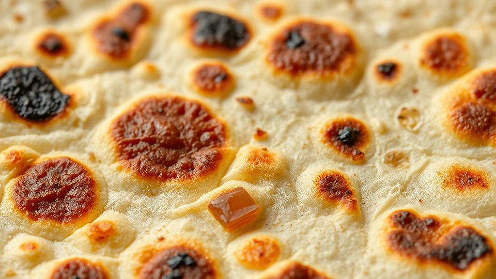 detail: close-up of cooked lavash with golden-brown spots and char marks, texture visible, warm steam, soft and pliable appearance, macro photography, appetizing detail