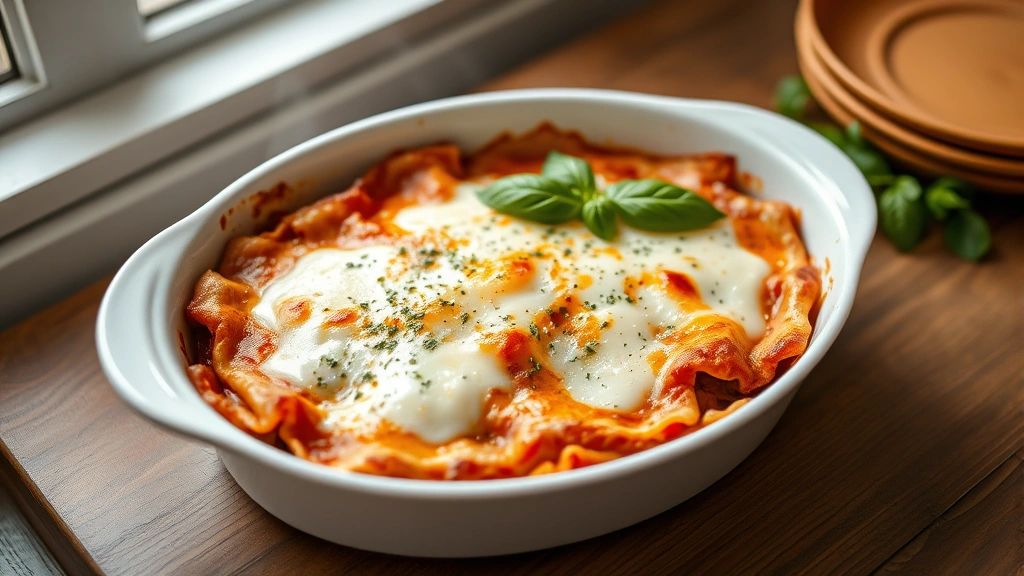 hero: golden-brown baked lasagna in white ceramic baking dish, melted mozzarella on top, steam rising, fresh basil garnish, wooden table background, natural window light, shot from above at slight angle, no text