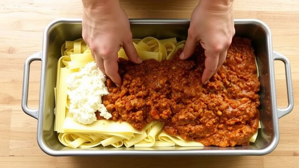 process: hands layering no-boil noodles in baking dish with ricotta mixture and meat sauce visible, stainless steel dish, mid-assembly stage, natural kitchen light, shot from above, no text