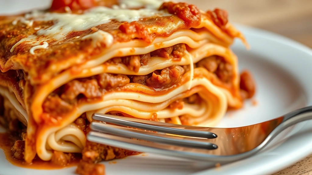 detail: close-up cross-section of baked lazy lasagna showing distinct layers of noodles, cheese, and meat sauce, fork on plate, melted mozzarella strands, natural light, no text