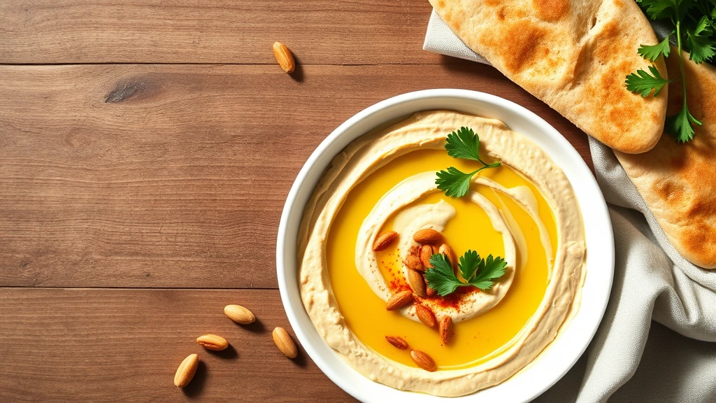 hero: creamy Lebanese hummus in white bowl with olive oil swirl, toasted pine nuts, paprika, fresh parsley, warm pita bread on side, overhead flat lay, natural morning light, wooden table, Mediterranean aesthetic, no text