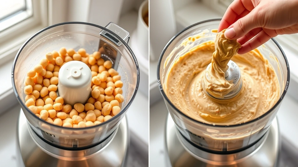 process: food processor blending chickpeas into hummus, hand adding tahini, creamy paste forming, close action shot, natural light from window, stainless steel food processor, no text