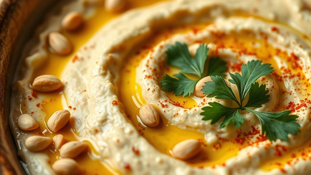detail: close-up of hummus texture showing creamy clouds, olive oil drizzle, scattered pine nuts, fresh parsley garnish, paprika dust, shallow depth of field, warm natural light, no text