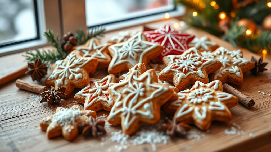 hero: beautifully decorated lebkuchen cookies with royal icing piped designs, arranged on a wooden surface with warm holiday lighting, cinnamon sticks and star anise scattered nearby, photorealistic, natural window light, no text