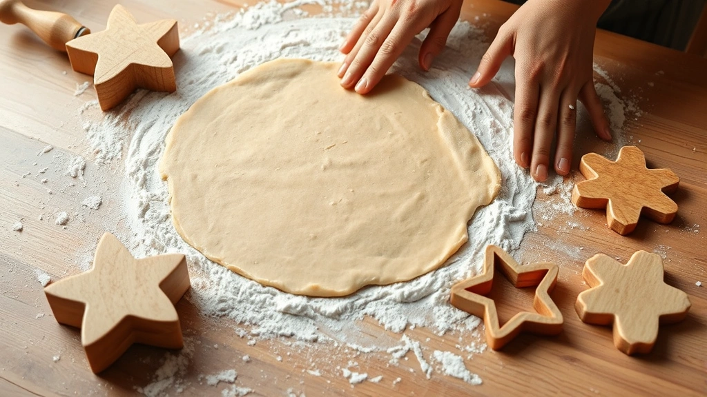 process: hands rolling out lebkuchen dough on floured surface with traditional wooden mold nearby, cutting cookie shapes, photorealistic, natural kitchen light, no text