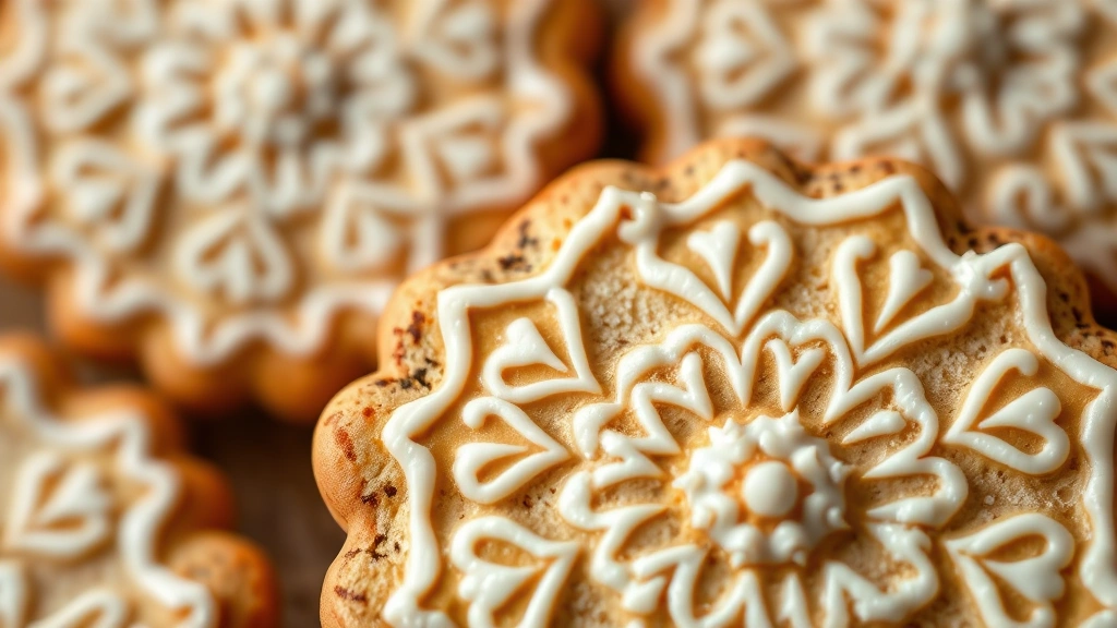 detail: close-up of decorated lebkuchen cookie with intricate royal icing pattern, showing texture and soft crumb, photorealistic, warm natural light, no text