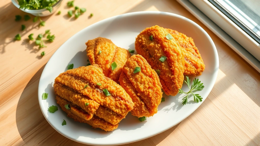 hero: golden crispy fried chicken pieces on white plate with fresh herbs, photorealistic, natural daylight streaming through window, no text, overhead angle