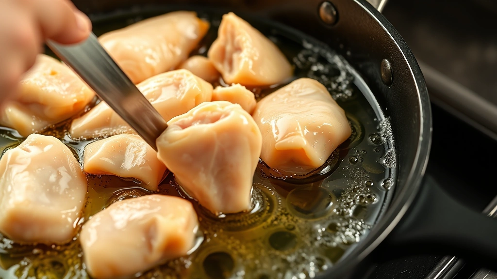 process: chicken pieces being carefully placed into bubbling hot oil in cast iron skillet, oil at perfect frying temperature, photorealistic, natural kitchen lighting, no text
