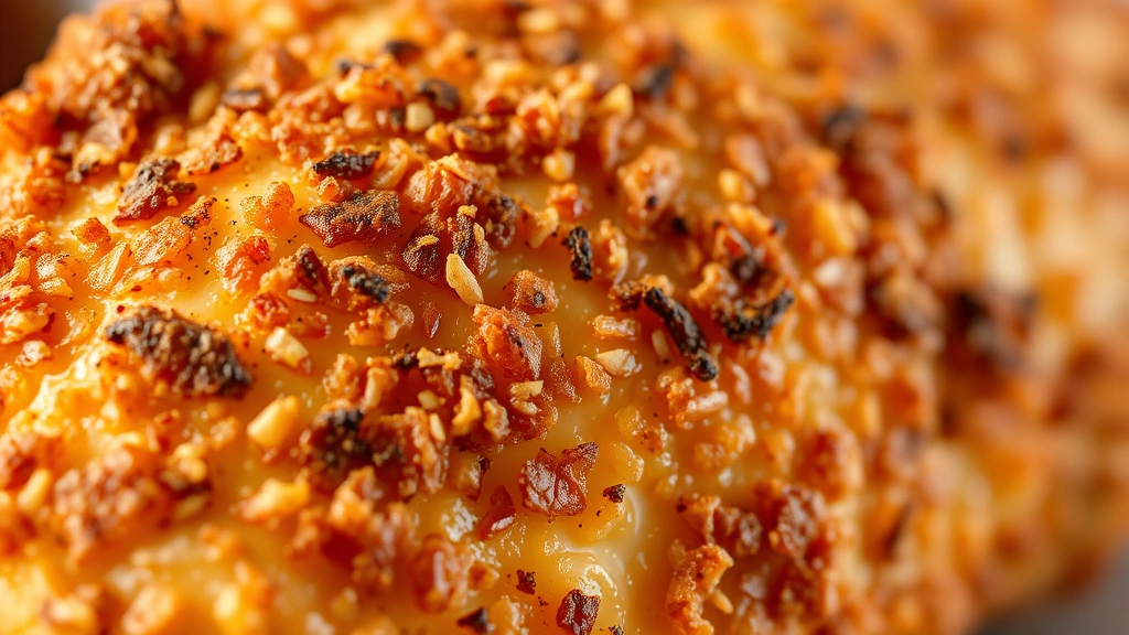 detail: close-up of perfectly seasoned crispy chicken coating showing texture and spice crust, golden brown color, photorealistic macro photography, natural light, no text