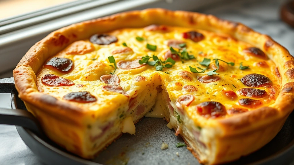 hero: Golden-brown ham and cheese frittata fresh from oven, fluffy and perfectly set, slice just removed revealing creamy interior, garnished with fresh green herbs, natural window light, marble countertop background, photorealistic, no text