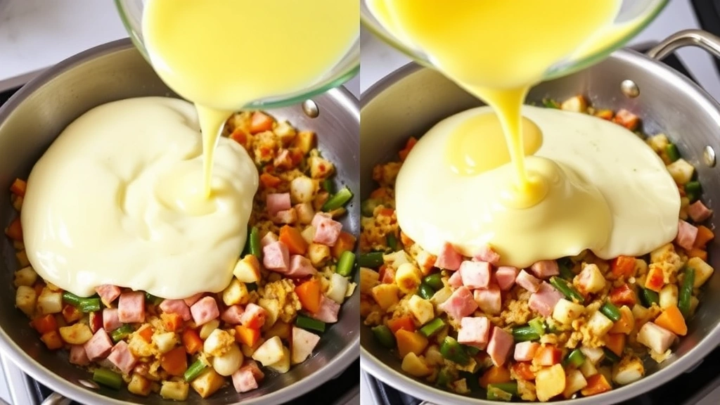process: Skillet with sautéed vegetables and diced ham being mixed together, eggs being poured over top, steam rising, stainless steel cookware, natural kitchen lighting, photorealistic, no text