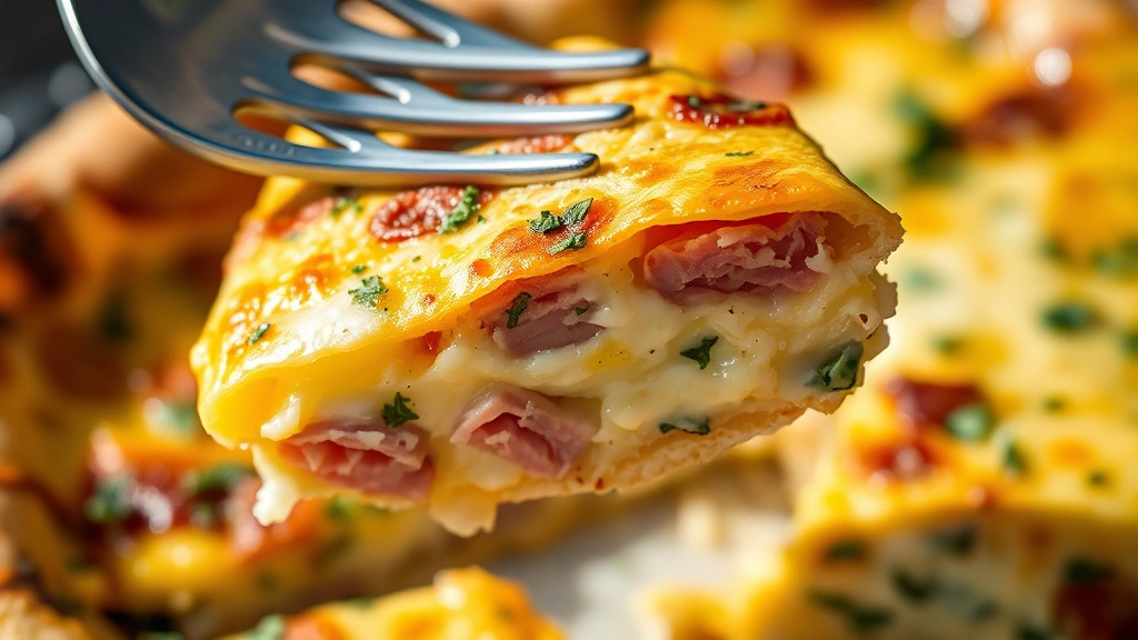 detail: Close-up macro shot of frittata wedge showing layers of ham, melted cheese, creamy egg, and herbs, fork lifting piece, natural sunlight creating shadows and highlights, photorealistic, no text