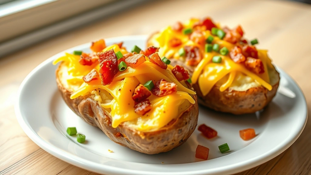 hero: loaded crispy baked potato halves topped with melted cheddar cheese, bacon bits, and fresh chives on a white plate, photorealistic, natural window light, no text