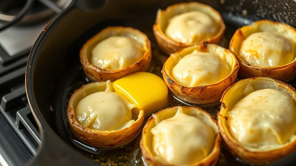 process: butter melting in cast-iron skillet with filled potato shells sizzling, golden brown, photorealistic, natural light, no text