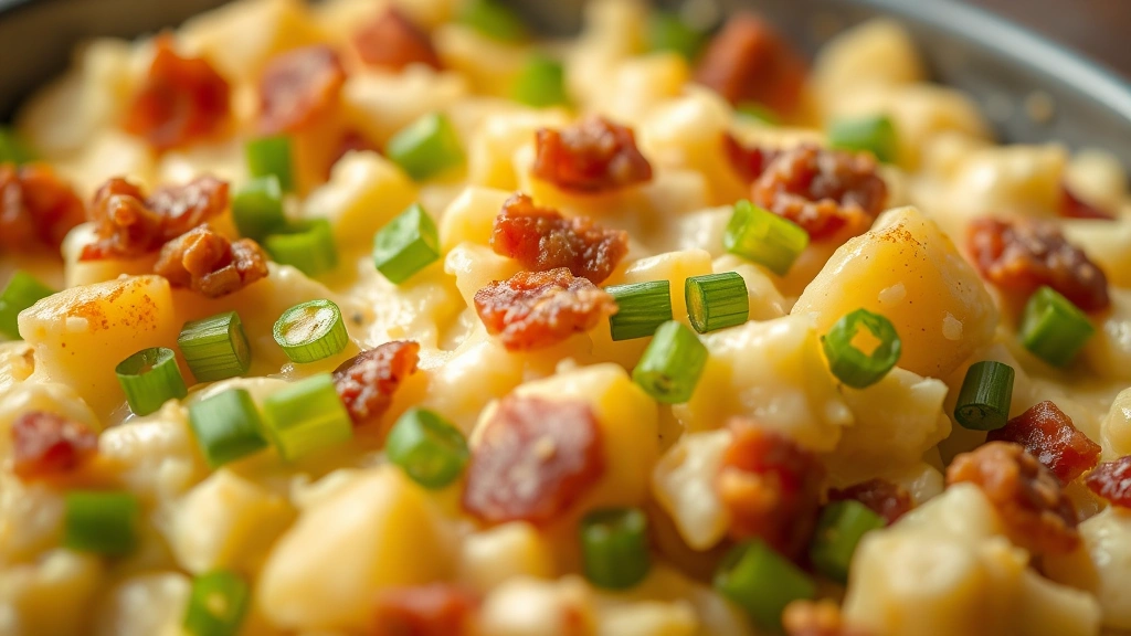 detail: close-up of creamy potato and cheese filling with bacon pieces and green onions, photorealistic, shallow depth of field, natural light, no text