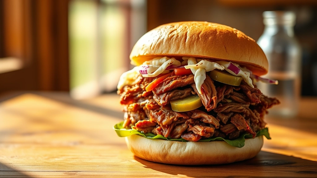 hero: stacked pulled pork sandwich on toasted bun with coleslaw and pickles, photorealistic, natural warm sunlight streaming from left, wooden table background, no text