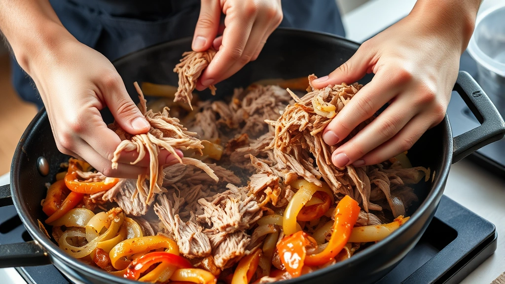 process: hands shredding pulled pork into skillet with caramelized onions and peppers, steam rising, photorealistic, bright natural kitchen light, no text