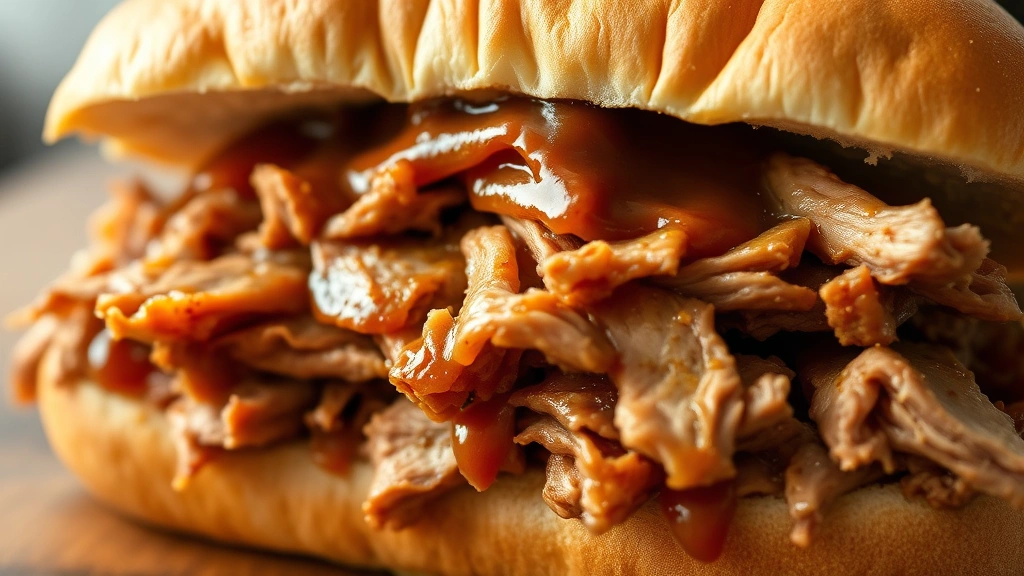 detail: close-up of pulled pork sandwich cross-section showing tender meat texture and glossy sauce, photorealistic, soft natural light, shallow depth of field, no text