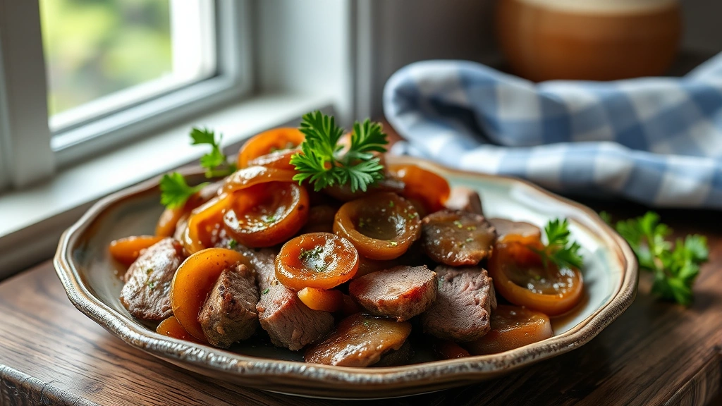 hero: beautifully plated leftover brisket with glossy caramelized onions and fresh parsley garnish on rustic plate, photorealistic, natural window light from left, no text