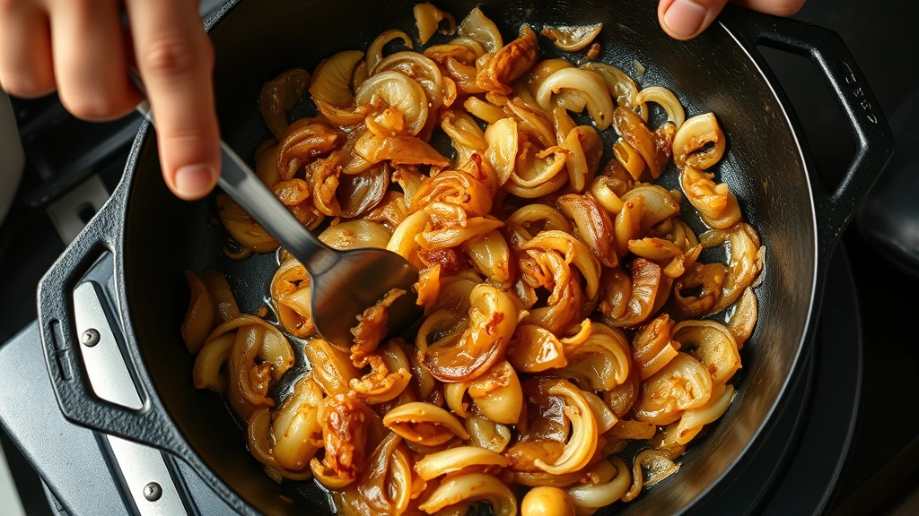 process: hands stirring golden caramelized onions in cast iron skillet, photorealistic, warm natural light, no text