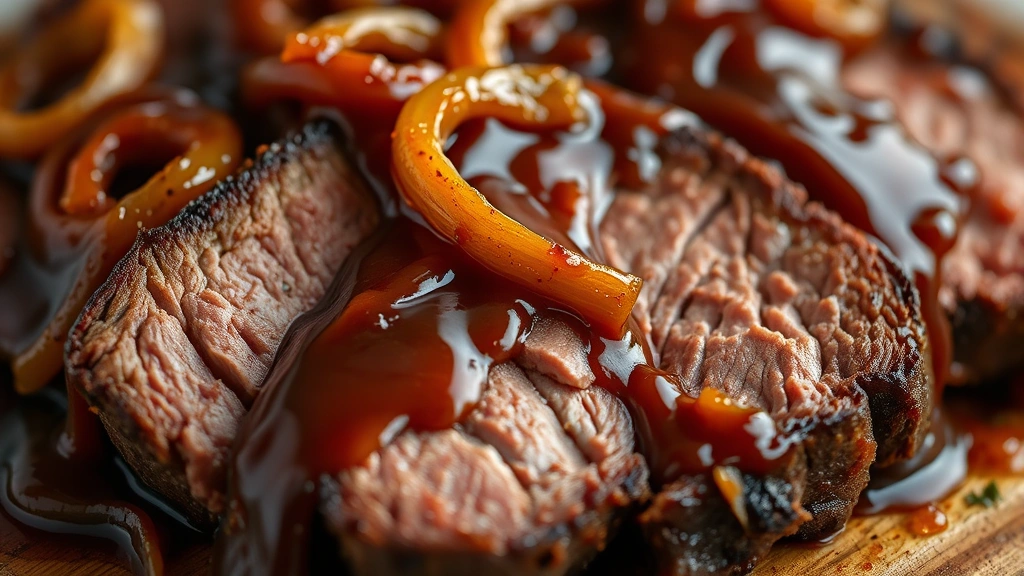 detail: close-up macro shot of tender brisket slices with rich brown sauce and caramelized onions, photorealistic, natural light, shallow depth of field, no text