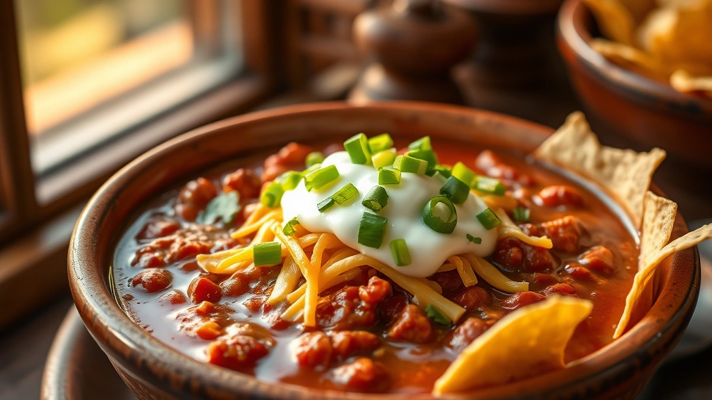 hero: bowl of chili topped with melted cheese, sour cream, cilantro and green onions, steaming hot, served in a rustic ceramic bowl with tortilla chips on the side, warm golden lighting from window, no text visible