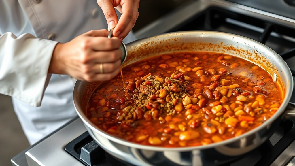 process: chef stirring chili in a large stainless steel skillet on stovetop, adding spices and broth, close-up action shot showing texture and movement, natural kitchen lighting, no text