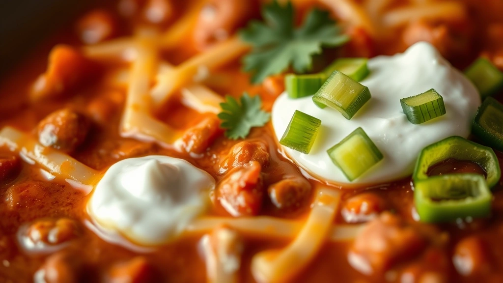 detail: close-up of chili surface showing melted cheese, fresh cilantro garnish, sour cream dollop, and green onion slices, shallow depth of field, warm natural light highlighting toppings, no text